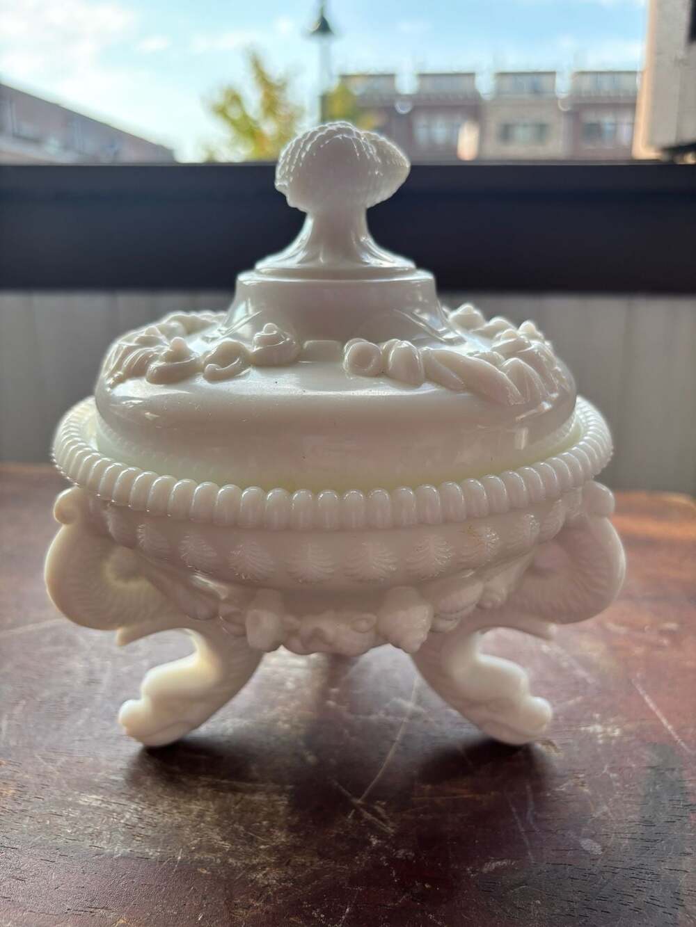 Westmoreland Milk Glass Argonaut Shell Dragon Footed Lidded Candy Dish